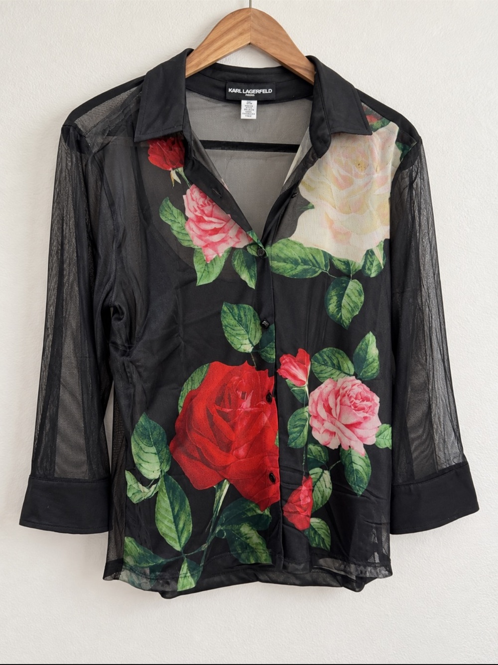 Karl Lagerfeld Black Sheer Button-Down Shirt with Red and Pink Rose Print